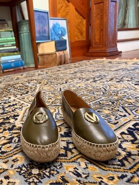 Valentino Olive Green Leather Espadrille Flats with Gold Accent